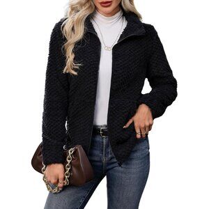 Women's Full Zip Stand Collar Fleece Sherpa Jacket with Pockets Black